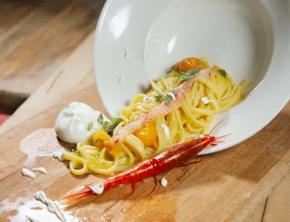 Lemon Tagliolini Pasta with Burrata and Fresh Red Shrimps from Gallipoli